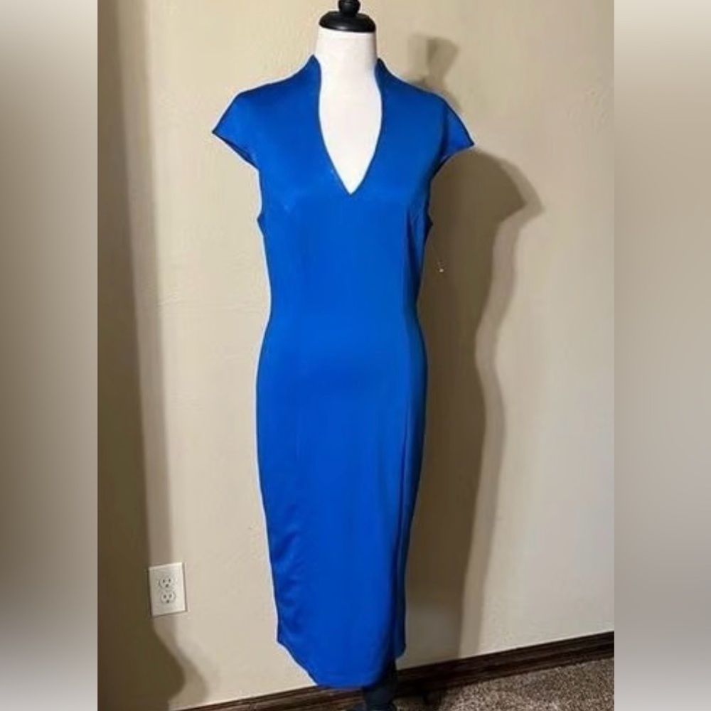 Alexia Admor,  ‘Katrina’ split-neck Ponte Sheath Dress, Cobalt Blue Midi Dress